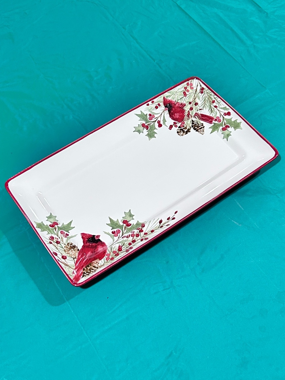North Pole Trading Co Holly Berry Cardinal Ceramic Serving Platter Tray 14x8 NEW